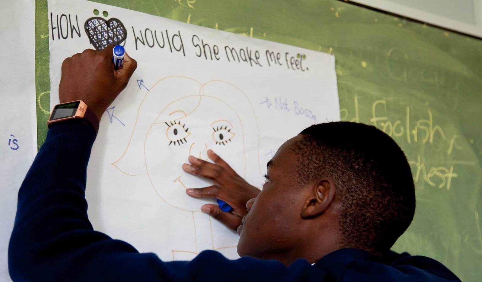 A young man making a drawing of a person